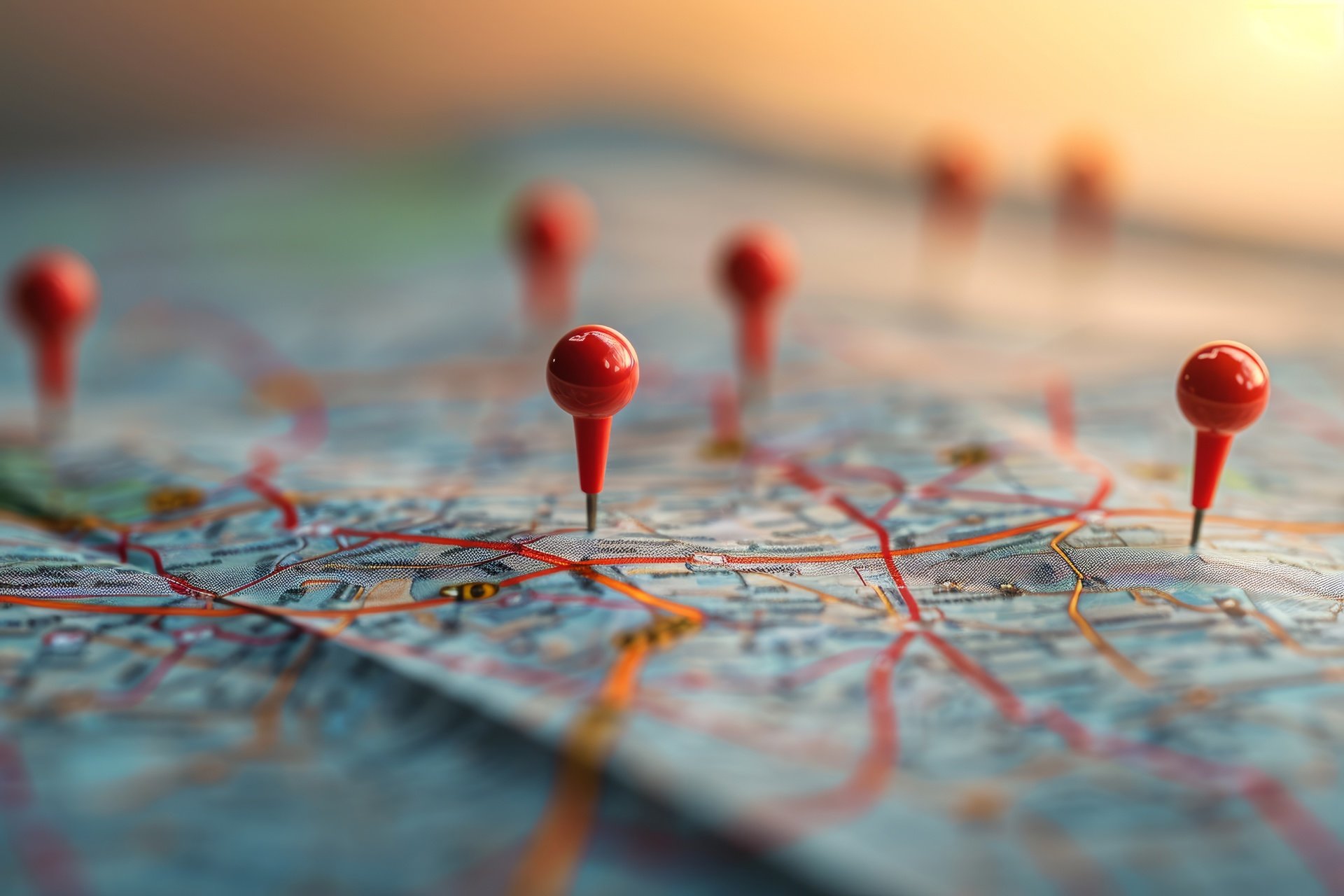 Exploring city routes on a map with red pins.