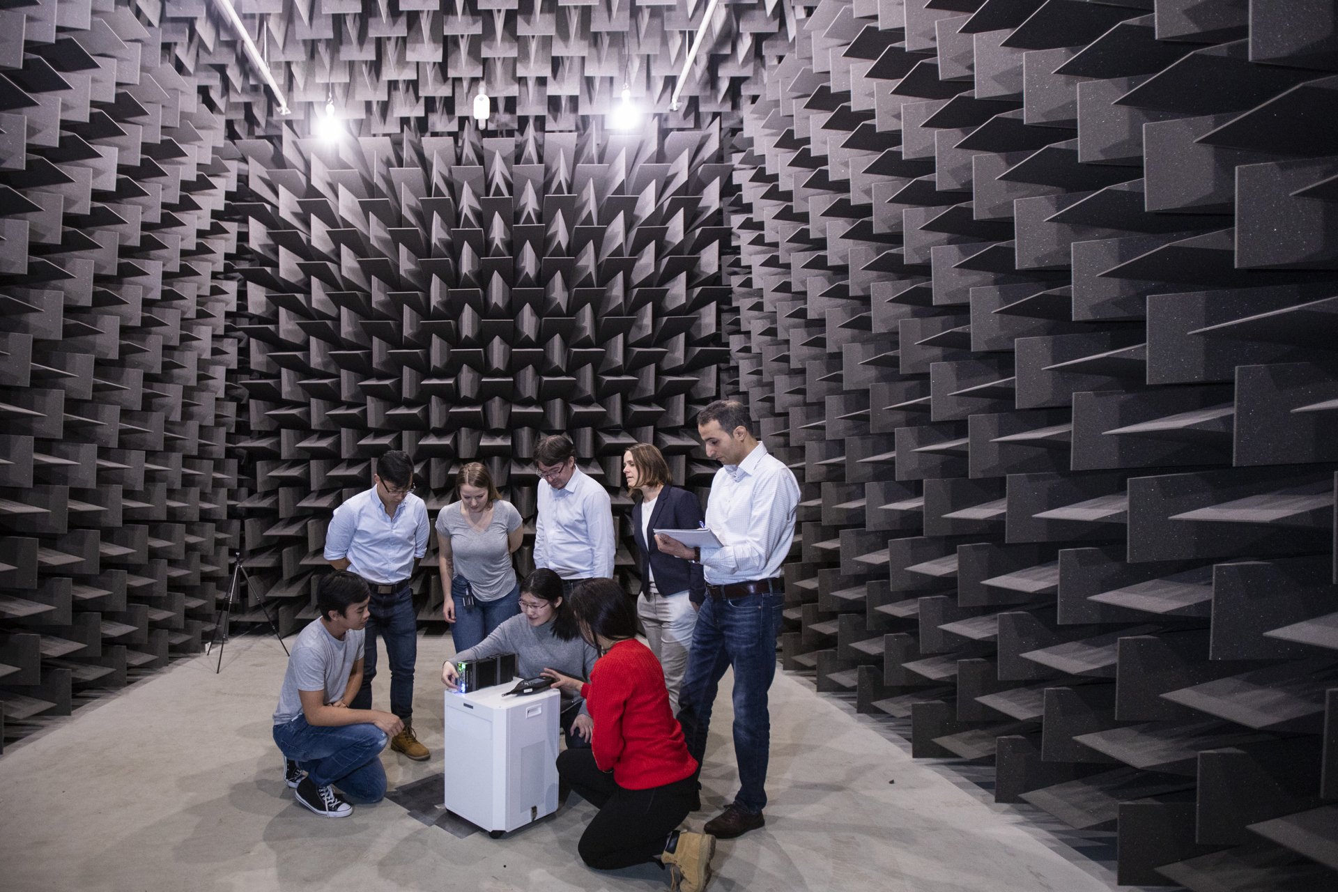 A group of students in the Antenna Chamber at the University of Technology Sydney Tech Lab.