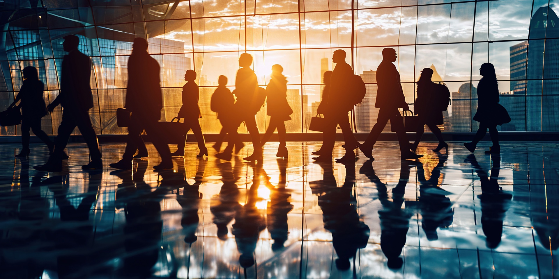 People walking through a building against a setting sun seen through the glass wall.