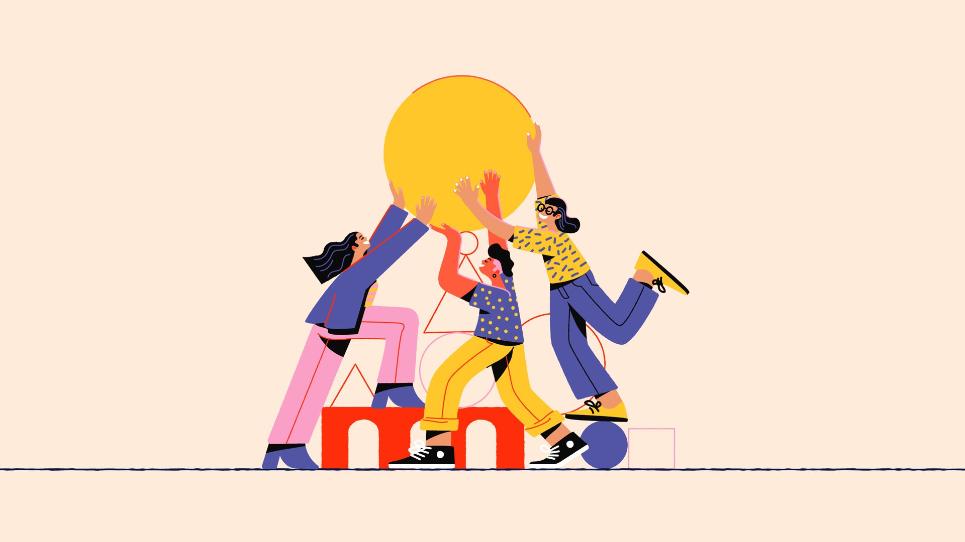 abstract illustration of three people holding up a yellow circle