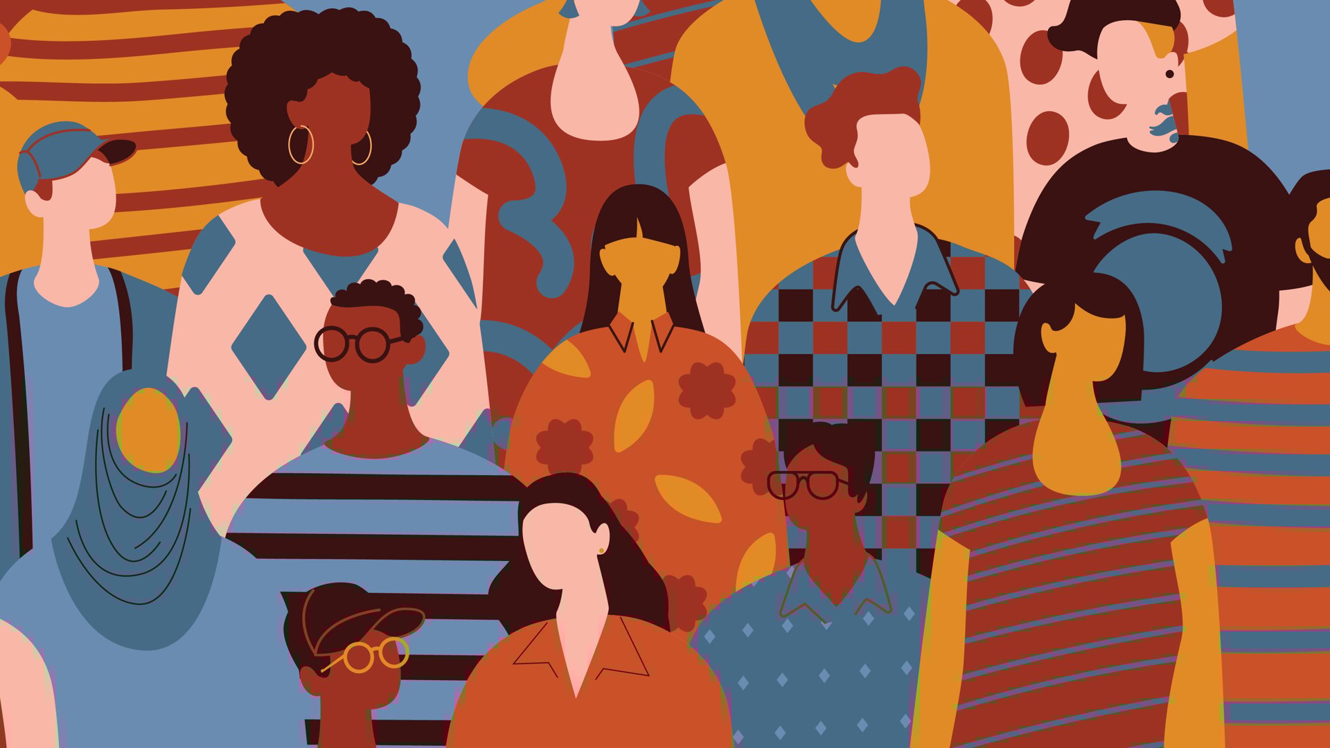 abstract illustration of a crowd of people with different skin tones and hairstyles